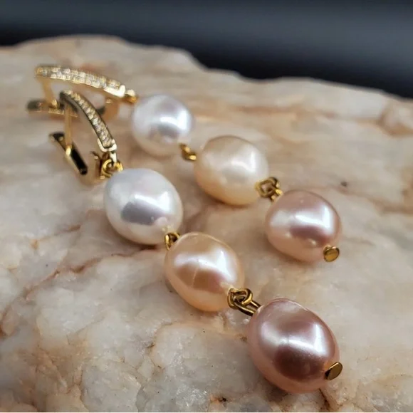 Gold Plated Genuine Freshwater Pearl Earrings with White Topaz Stones - Picture 3 of 7